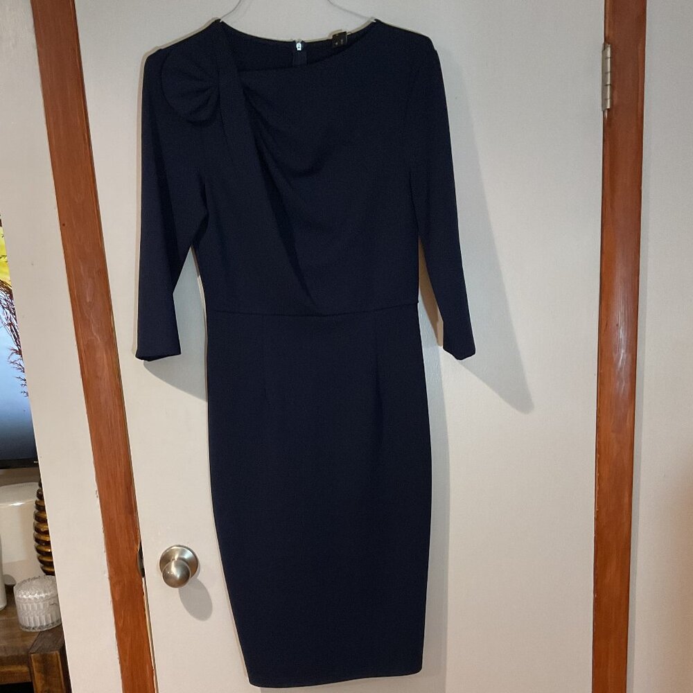 VFSHOW Navy Blue Pleated Asymmetric Bow Neck Pencil Sheath Dress - Picture 3 of 5